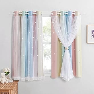 NICETOWN Nursery Room Curtains - Rainbow Blackout Curtain with Net Sheer Star Hollow Out Light Filter for Kids Bedroom/Birthday Party Decor, 2 Panels W52 x L54 Inch (132x137 cm) Pink Yellow Green BlueOEKO-TEX STANDARD 100