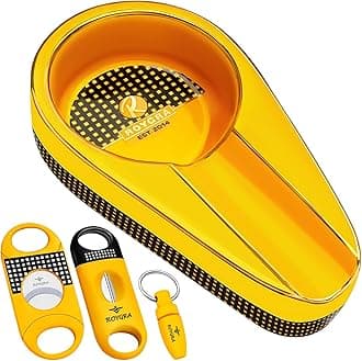 roygra Cigar Ashtray with 3 Cigar Cutter for all Cigars, Ceramic Handmade Gilt Ash Tray, Outdoor Indoor Portable Accessories (Orange)