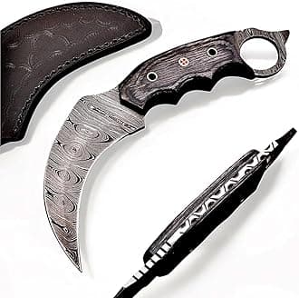 H & H BLADES Handmade Damascus Steel Karambit Knife Full Tang Curved Fixed Blade with Wood Handle & Leather Sheath | Outdoor, Camping & Knife Collection Gift