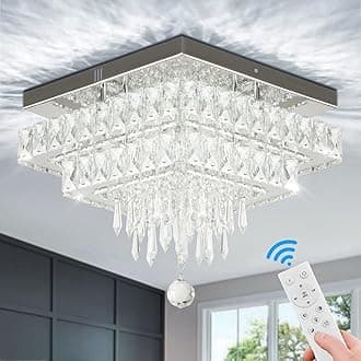 Finktonglan 13" Dimmable Crystal Ceiling Light with Remote & App, Modern Square Flush Mount Chandelier, Adjustable Brightness & 3 Color Modes, 36W for Bedroom Entryway Hallway Living Room
