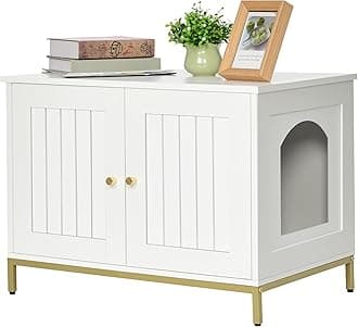 Homhedy Cat Litter Box Enclosure,Litter Box Furniture Hidden with Metal Frame,Cat Washroom Furniture,Cat House,Fit Most of Litter Box,Modern Style,White and Gold