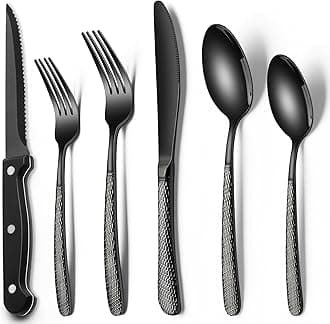 EWFEN Black Hammered Silverware Set with Steak Knives, 24-Piece Stainless Steel Heavy Duty Flatware Set for 4, Food-Grade Tableware Cutlery Set, Utensil Sets for Home Restaurant, Mirror Finish