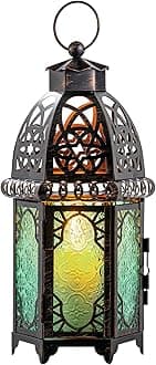 DECORKEY Christmas Decorations for Home, 12.8’’ Vintage Metal Tabletop Candle Lantern, Moroccan Style Decorative Hanging Lantern, Halloween Candle Holders for Indoor Outdoor Patio Decor (Green)