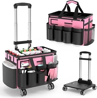 Cleaning Caddy with Wheels - Rolling Cleaning Caddy Bag with Detachable Trolley, Cleaning Caddy for Cleaning Supplies, Cleaning Bag for Housekeepers, Pink