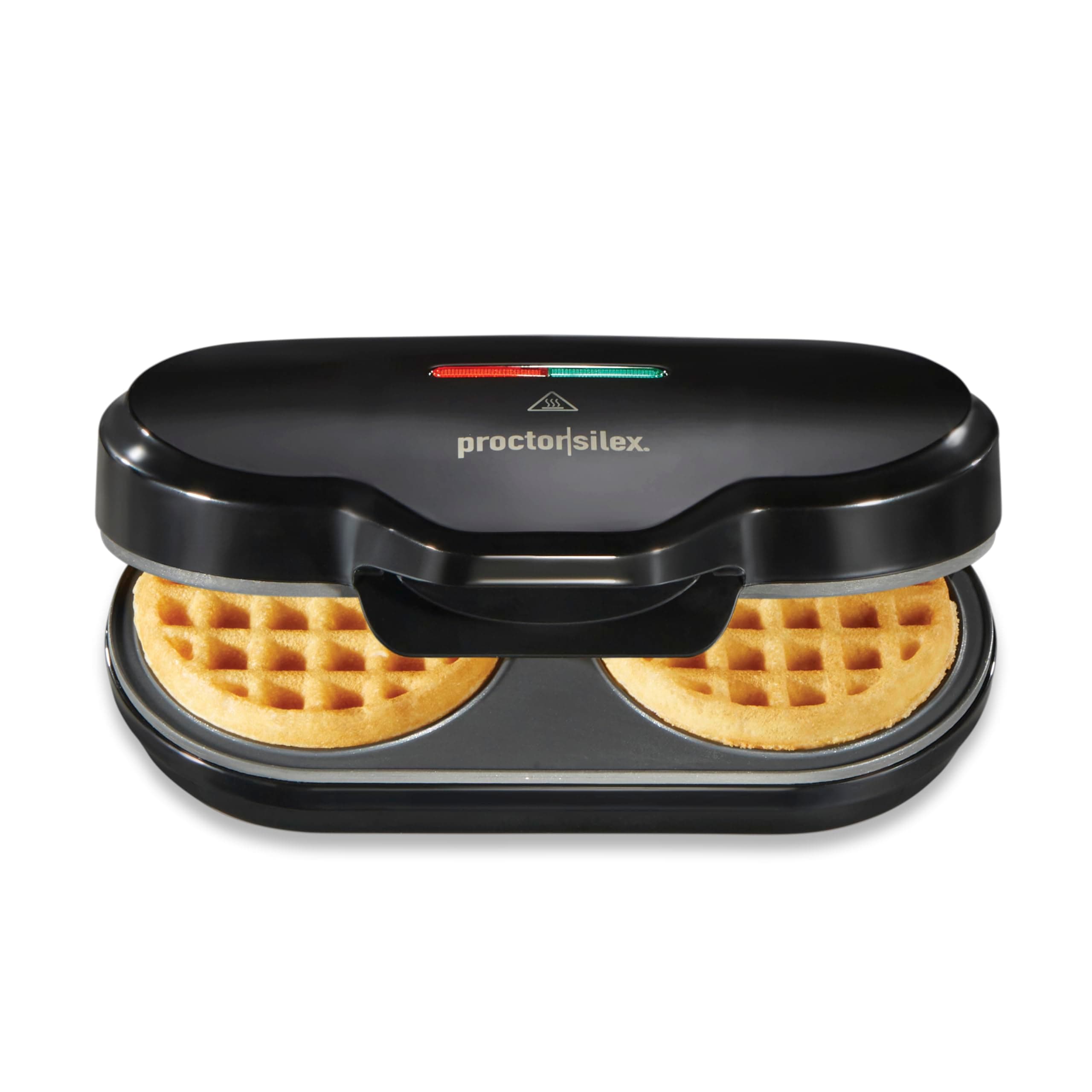 Double Mini Waffle Maker Machine with 4” Round Non-stick Grids, Makes 2 Personalized Individual Breakfast Keto Chaffles and Hashbrowns, Compact, Black (26102)