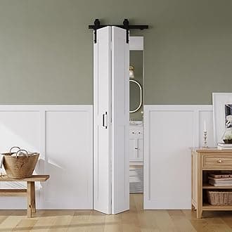 Bifold Barn Door 24" x 84", MDF Bi-Fold Sliding Closet Doors with Hardware Kit Included, Pre-Finished Easy Assembly, Water-Proof PVC Surface & Save Space, H-Frame, 28" Track for 2 Doors,White