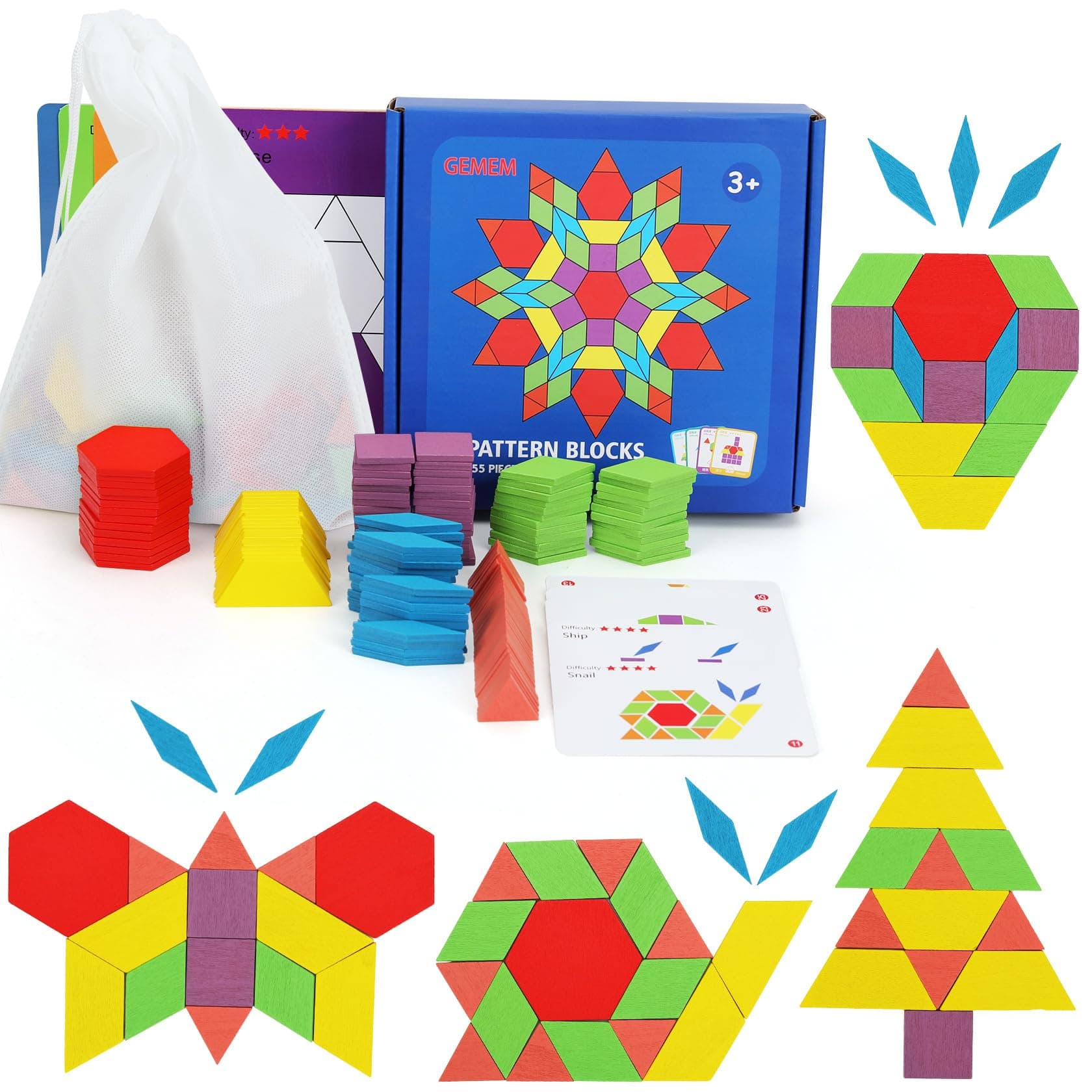 155 Pcs Wooden Pattern Blocks Set