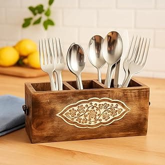 Wooden Spoon Holder: A Stylish and Functional Cutlery Stand and Utensil Organizer for Kitchen and Dining Table Spoon Stand for Kitchen| 12 X 4 X 5 Inch (Carved Cutlery)