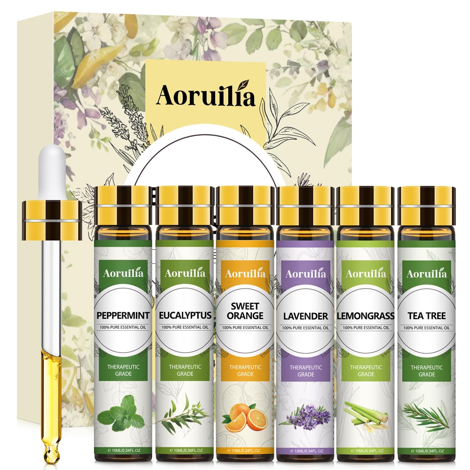 6 x 10ml Essential Oils Set, Premium Aromatherapy Oil for for Diffuser, Home Fragrance, Soap & Candle Making, Cleaning - Tea Tree, Lavender, Peppermint, Sweet Orange, Lemongrass, Eucalyptus