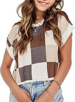 Girls Summer Crop Tops Spring Vest Cute Tanks Cap Sleeve Colorblock Tee Loose Kids Fall Knit Top