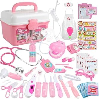 Anpro 46pcs Doctors Set for Kids,Medical Toy with Real Stethoscope,Doctor Suit,Medicine Chest, Doctor Roleplay Costume Dress-Up，Best Gift（Pink）