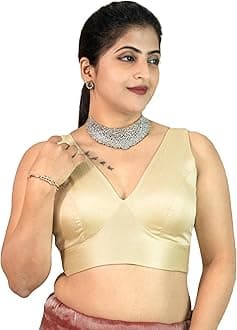 Women's Dupion Raw Silk Sleeveless V Neck Sabyasachi Cut Readymade Saree Blouse Padded Stitched Lining Designer Indian Festive Blouse | S4