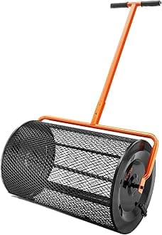 Compost Spreader, 24.4-25.6" Height Adjustable Handle, 24" Wide, Lawn and Garden Peat Moss Roller with Side Latches, Powder Coated Steel Mesh Basket for Spreading Manure, Topsoil, Black