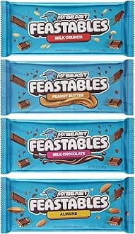 Mr Beast Feastable Chocolate Bar Mix Bundle - x1 Milk Chocolate, x1 Almond Milk Chocolate, x1 Milk Crunch, x1 Peanut Butter - 4 x 60g Bars