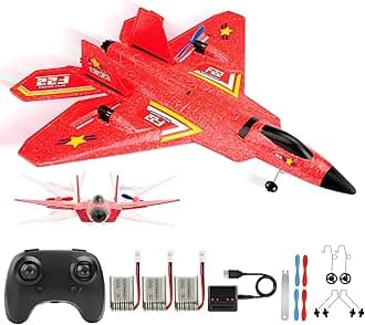 ANTSIR Remote Control Plane RTF F-22 Raptor, 2.4Ghz 6-axis Gyro RC Airplane with Light Strip, Jet Fighter Toy Gift for Kids Beginner (Red)