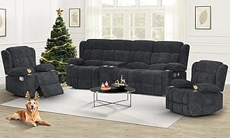 Recliner Sofa Set with Storage Console, Flip Middle Backrest Design 3 Seater Reclining Sofa and 2PC Single Recliner Chair, Manual Couches for Living Room (Gray, 3 Seat+Console+1+1)