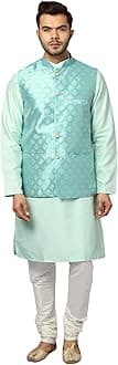 Uri and MacKenzie Men's Silk Blend Regular Kurta Churidar Pyjama with Bundi Nehru Jacket/Waistcoat