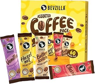 Bevzilla 60 Instant Coffee Powder Sachets (4 Flavours) 120 Grams|Hazelnut,Classic,Vanilla & Butterscotch|15 Pouches Each Flavour|Arabica Coffee|Perfect for Espresso,Latte,Cappuccino|Hot & Cold Brews