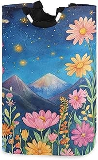 xigua Wildflowers with Mountains Large Laundry Hamper with Handle, Foldable Clothes Hamper Collapsible Storage Basket for Toys and Clothes Organization in Bedroom, Bathroom, and Laundry Room