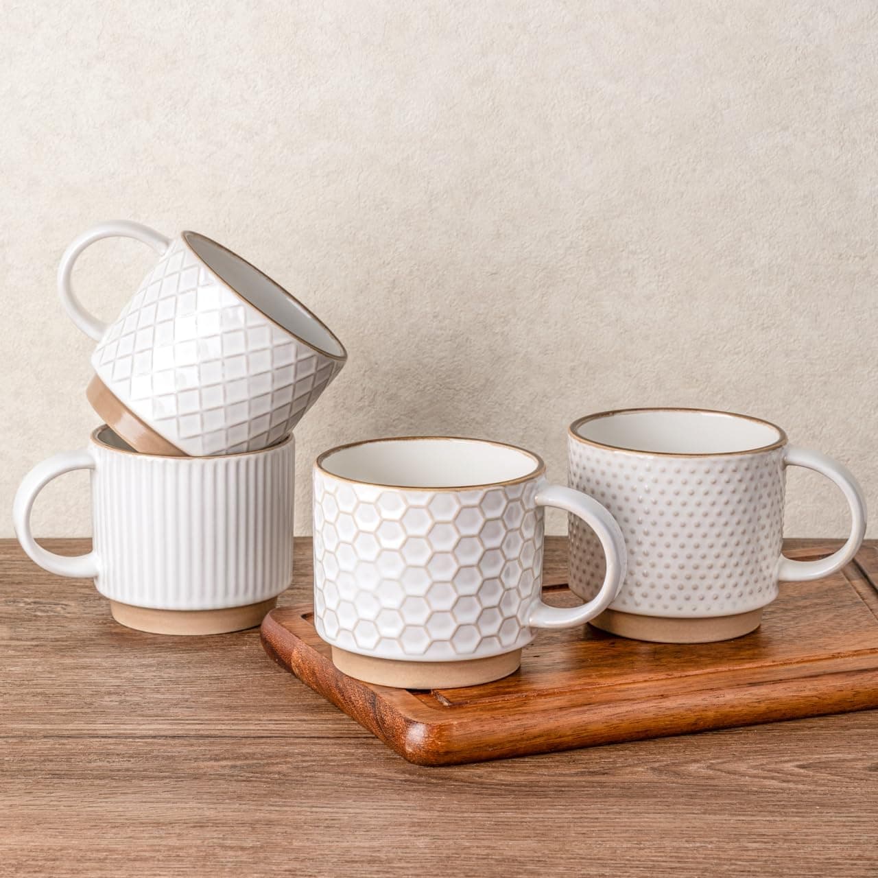 GBHOME 15OZ Stackable Coffee Mugs, Ceramic Texture Patterns for Man, Woman, Dad, Mom - Modern Set of 4 for Latte/Cappuccino/Cocoa. Dishwasher & Microwave Safe, Off White