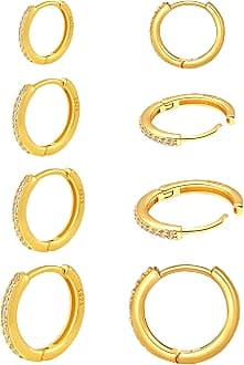 Styleeary925 Sterling Silver Cartilage Helix CZ Huggie Earrings-Surgical Steel Earrings Set for Multiple Piercing Hypoallergenic,14K Gold Plated Flatback Small Hoop Stud Earrings Pack,Titanium Heart Ball Moon Dot CZ Stud Earrings for Women Men