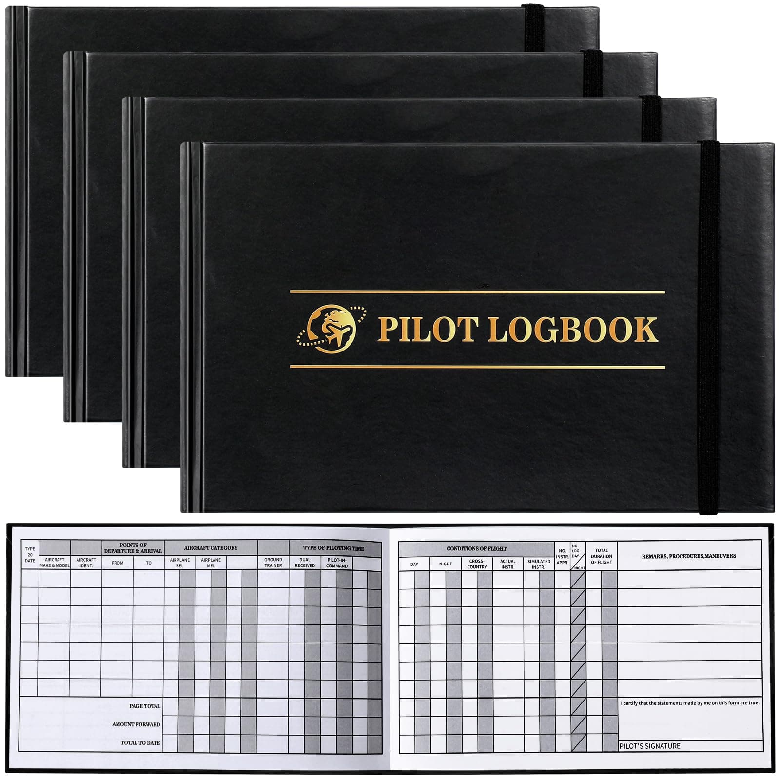 4 Pcs Pilot Logbook Black Hardcover Pilot Log Book Flight Log Book(Classic)