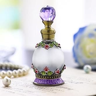 YU FENG 15ml Antique Crystal Glass Perfume Bottle Small Flower Embelished Fancy Retro Round Refillable Fragrance Bottle Scent Bottle(Purple)