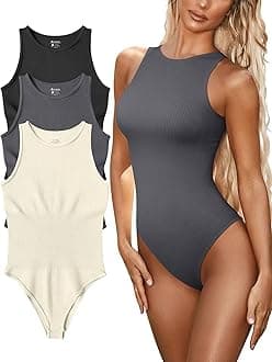 FUNNYBSG Women’s Sexy Ribbed Bodysuit Tops - 3 Piece Sleeveless Halter Neck Bodysuits with Tummy Control (Color : Black Darkgrey Beige, Size : S)