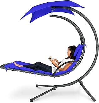 Outdoor Hanging Curved Steel Chaise Lounge Chair Swing w/Built-in Pillow and Removable Canopy - Resort Blue