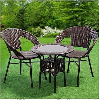 DEVOKO Outdoor Patio Furniture Sets, 3 Pieces Bistro Rattan Wicker Conversation Chairs Set with Coffee Table for Front Porch, Outside Balcony, Dark Brown, 58.4 cm, 76.2 cm