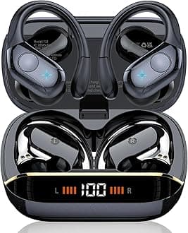 Wireless Earbuds Bluetooth 5.4 Headphones Sports, 75H Stereo Deep Bass Over Ear Buds with Earhooks, Bluetooth Earbuds with 4 ENC Mic, LED Display, IP7 Waterproof Earphone for Running, Black