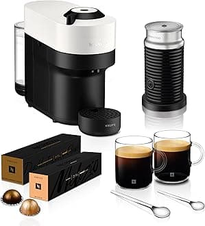 Nespresso Coffee Machine Barista Bundle includes Vertuo Pop White by Krups, Milk Frother, 2x Mugs, 2 x spoons, Melozio coffee pods & Chiaro coffee pods