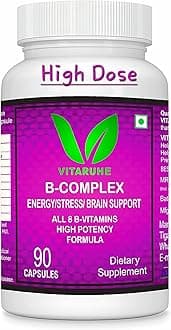 High Strength Vitamin B-Complex B1, B2, B3, B5, B6, B7, B9, B12 Vegan 90 Capsules, 3 Months SUPPLY