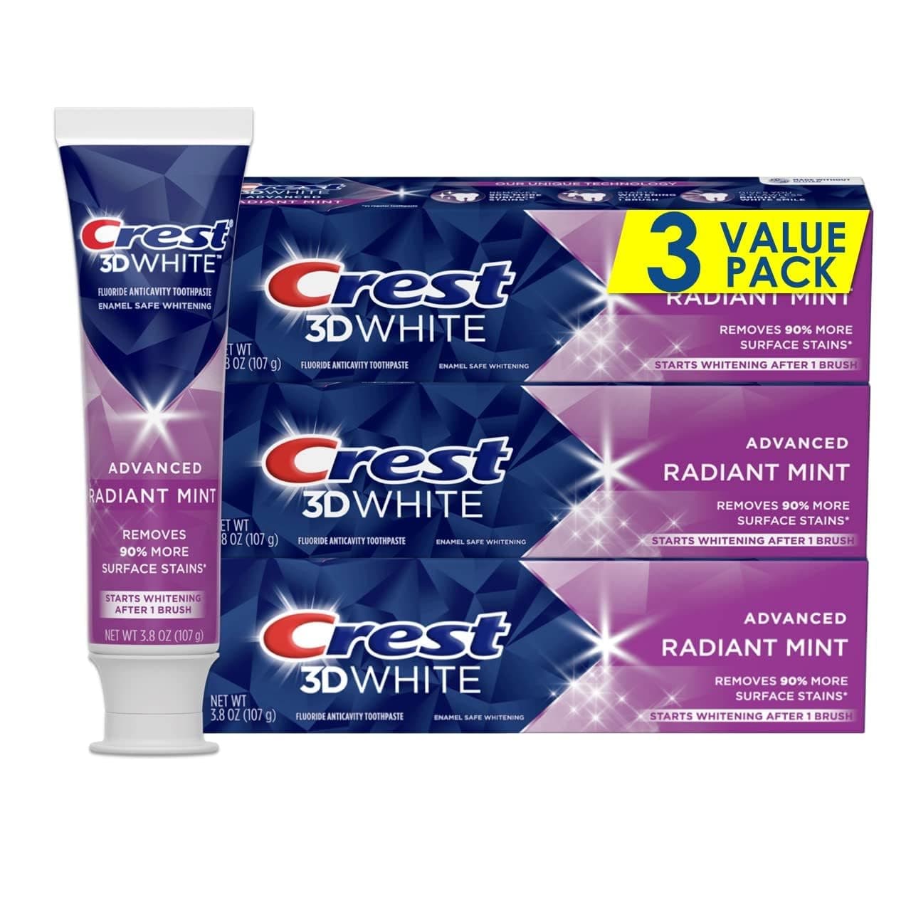 Crest 3D White, Whitening Toothpaste, Radiant Mint, 3.3 Ounce, Pack of 3