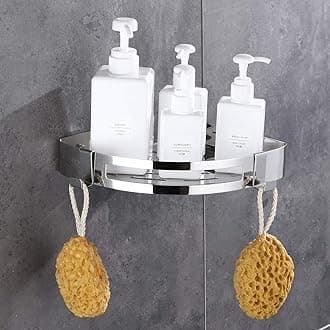 CelbonStainless Steel Bathroom Shelf Wall-Mounted With 2 Hooks Storage Shelf Bathroom Kitchen Sliver Chrome Storage Basket (Triangle)