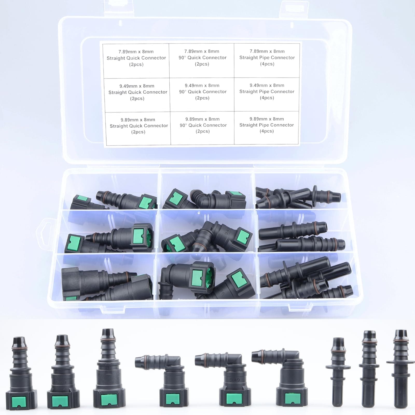 – AC PERFORMANCE 24PCS Assorted Fuel Line Quick Connector Kit, SAE 7.89mm & 9.49mm & 9.89mm to 8mm