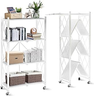 Foldable Storage Organizer 4 Tier, Storage Shelves Kitchen Cabinet Storage Rack, Shelf Storage Multipurpose Rack for Living Room Bedroom Kitchen Garage White