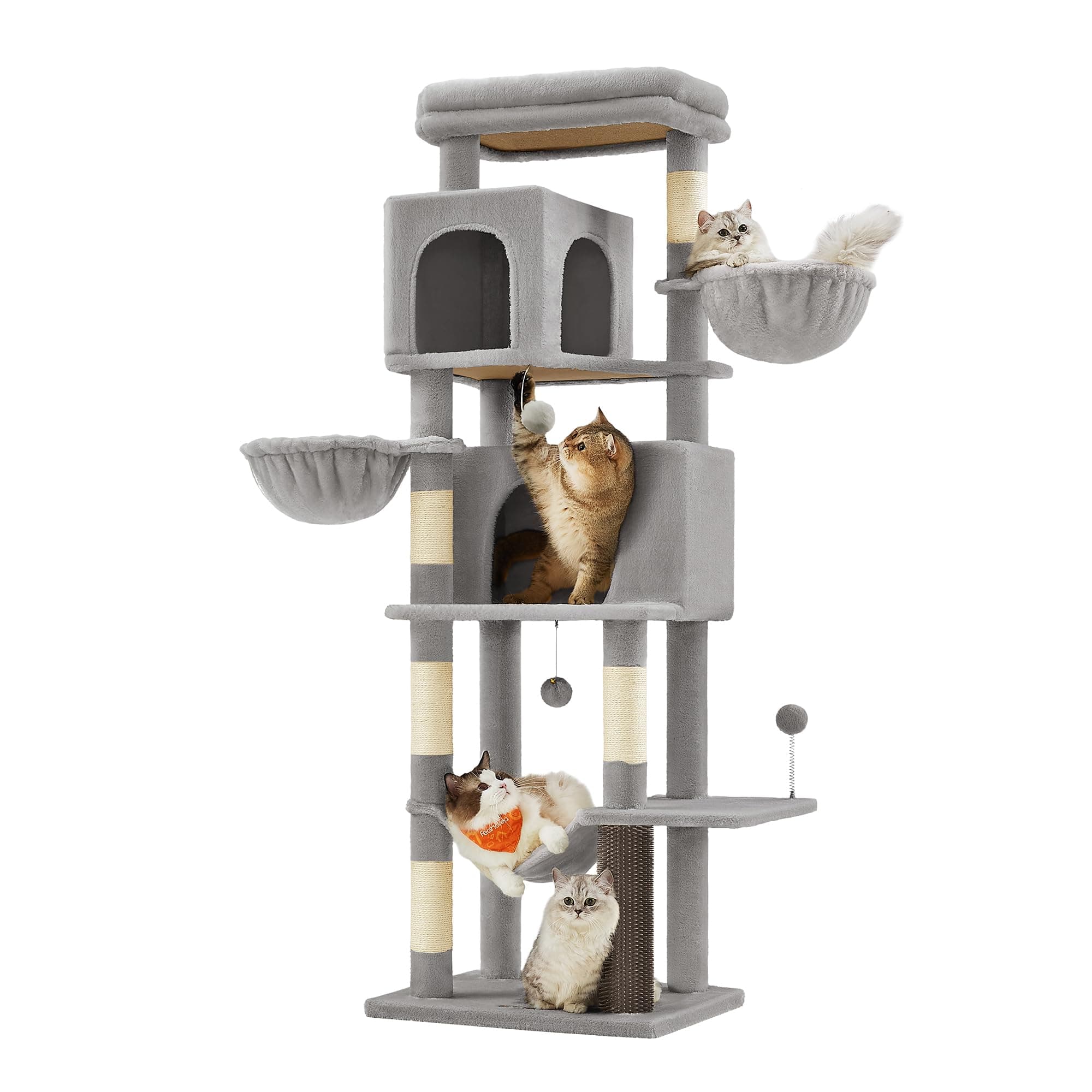 Cat Tree, 69-Inch Tall Cat Tower, Multi-Level Plush Condo with 2 Caves, 2 Baskets, 5 Scratching Posts, Self-Groomer, Perch, Hammock, Dove Gray UPCT182G01
