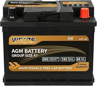 Weize Platinum AGM Battery BCI Group 47-12v 60ah H5 Size 47 Automotive Battery, 100RC, 680CCA, 36 Months Warranty, Dimensions 9.52" L x 6.89" W x 7.48" H