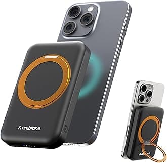 Ambrane MagSafe Wireless 10000mAh Fast Charging Power Bank with Mobile Stand, Strong Magnet, 22.5W Output for iPhone 12 & Above, Android & Other Qi Enabled Device + Magnetic Ring (Mount, Black)