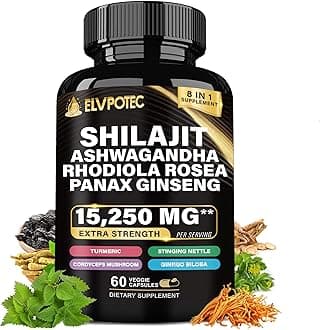 ELVPOTEC 9000MG Shilajit, 2000MG Ashwagandha Energy Booster, 1000MG Rhodiola Rosea, 1500MG Panax Ginseng, 500MG Turmeric, Ginkgo, 250MG Stinging Nettle, 500MG Cordyceps Mushroom