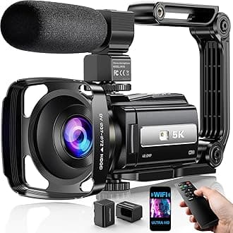 Video Camera, 5K Camcorder UHD 48MP WiFi Vlogging Camera for YouTube IR Night Vision Anti-Shake 16X Digital Zoom 3” Touch Screen Camera with Microphone,Handheld Stabilizer,Lens Hood,Remote,2 Batteries