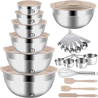 WEPSEN Mixing Bowls with Airtight Lids, 27Pcs Stainless Steel Bowls Set, Kitchen Utensils Khaki Metal Nesting Bowl, Measuring Cups and Spoons for Prepping Cooking Serving Baking