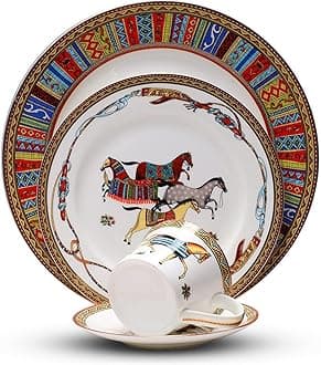 16-piece bone china dinnerware set for 4, red horse pattern round dinner plates, fine dish set for 4 with coffee cup for dinning, suitable for microwave,oven,dishwasher (dinneware set for 4 people)