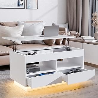 LED Coffee Table with Lift Top Morden Coffee Table with Storage High Gloss White Sofa Table for Living Room Center Tables Hidden Compartment & 2 Drawers & 2 Open Shelve