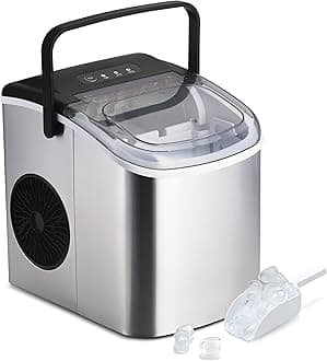 HealSmart Ice Maker for Countertop, 9 Ice Cubes Ready in 6 Mins, 26lbs Ice/24Hrs, with Self-Cleaning Feature, Ice Spoon and Basket, for Home, Kitchen, Camping, Party, Silver