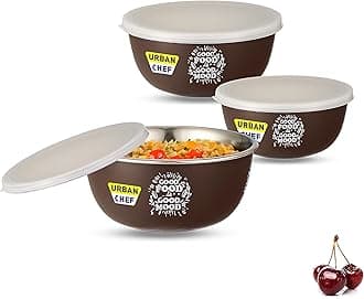 URBAN CHEF Microwave Safe Bowl Sets, Bowl, Serving Bowl with lid |16.91,25.36,42.27 Ounce | Flora Stainless Steel Serving Bowls, Microwave Oven Bowl. Bowl Set of 3 with Lid- Brown