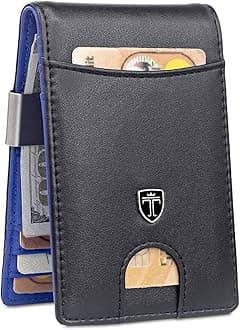 Money Clip Wallet RIO - Mens Wallets slim Front Pocket RFID Blocking Card Holder Minimalist Mini Bifold Gift Box (Smooth Leather, Black & Blue)