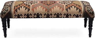 Acacia Wood Kilim Jute Fabric Upholstered Bench | Multi-Purpose Wooden Ottoman with Wool Jute for Living Room, Bedroom, End of Bed, Hallway & Entryway