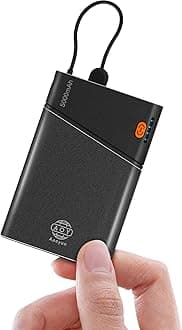 Power Bank, Smallest 5000mAh Portable Charger with Built-in USB C in&Out Fast Charging Cable, Compact Super Slim Mini Battery Pack for iPhone 16/15/14 Samsung S24 with Lanyard, Black